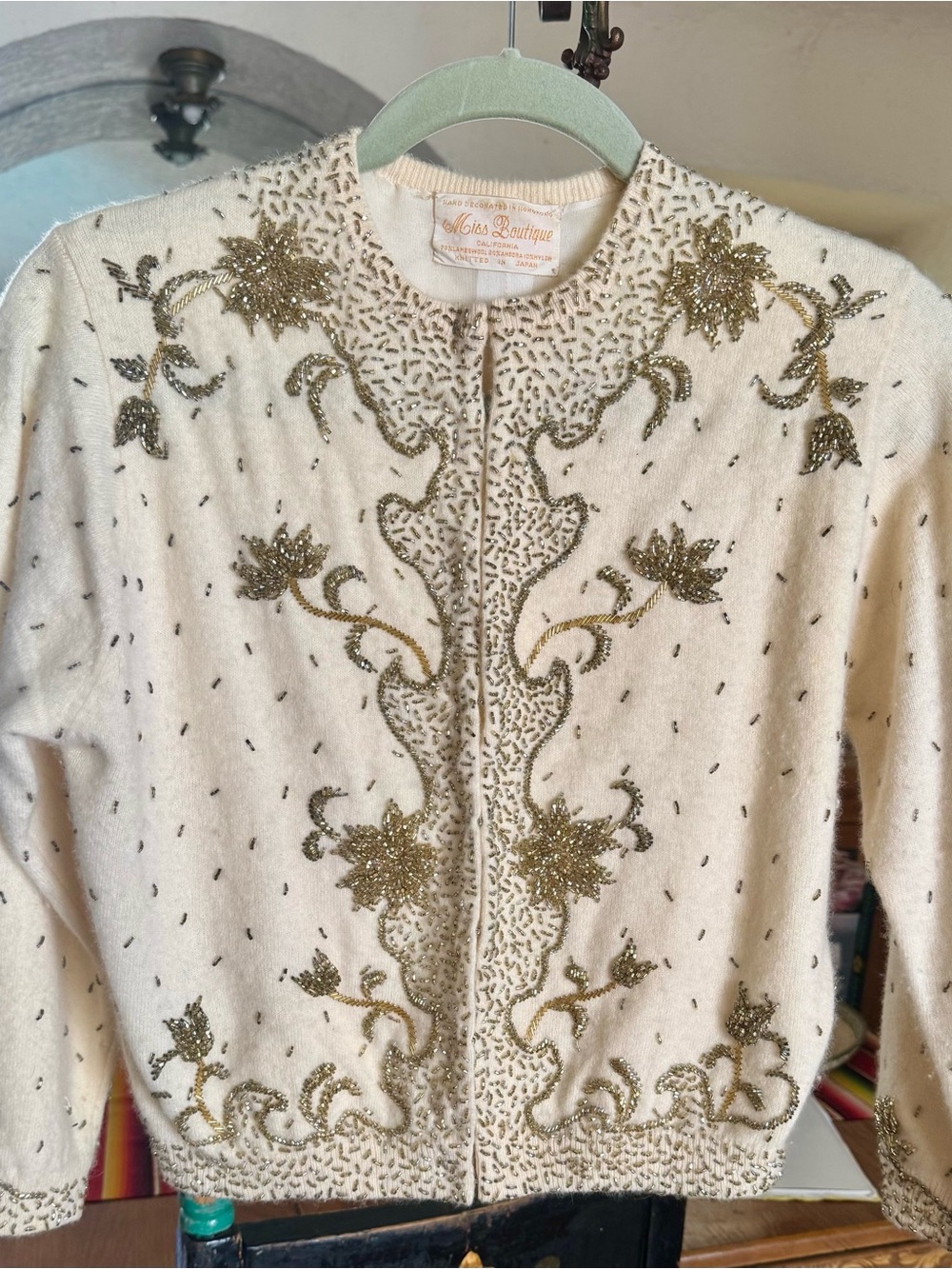Gorgeous Vintage 1960’s Hand Beaded Sweater -gold and silver on lush Cream